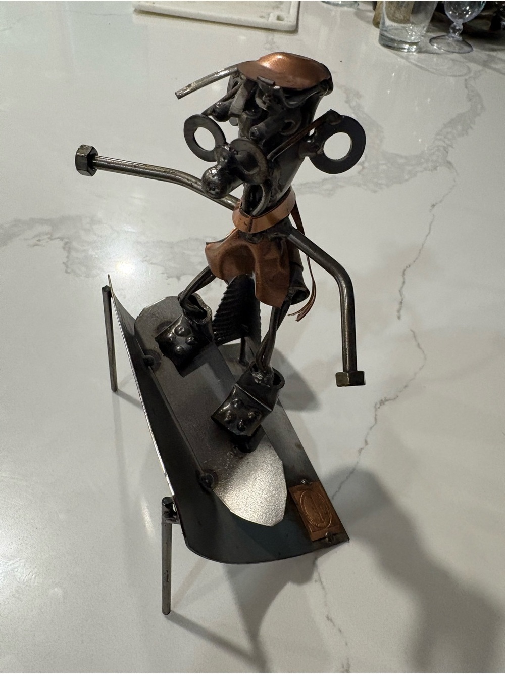 VINTAGE Metal Snowboarder Figurine Sculpture - Copper & Black Decorative Accent
